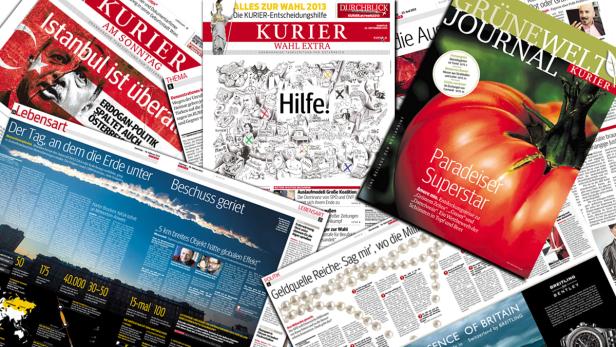 Eine Collage verschiedener Titelseiten der Zeitung „Kurier“.