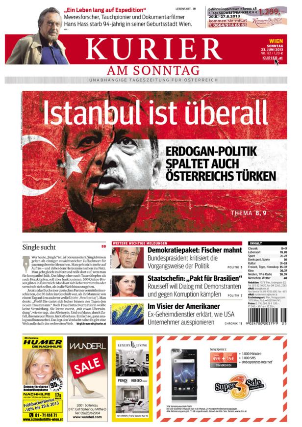Titelseite des Kurier am Sonntag mit dem Titel „Istanbul ist überall“ und einem Bild von Erdoğan vor der türkischen Flagge.