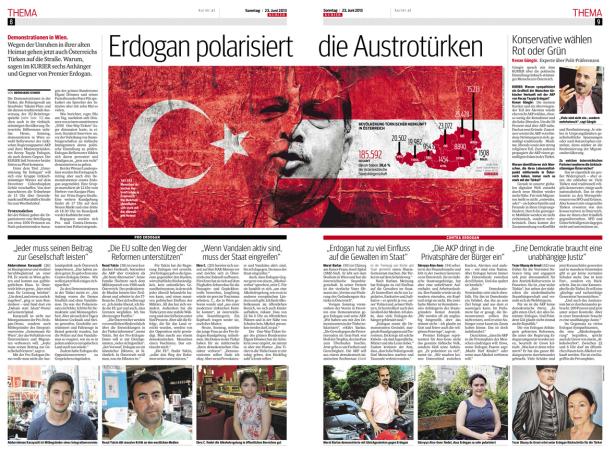 Eine Zeitungsschlagzeile über Erdogan, die die „Austrotürken“ polarisiert.