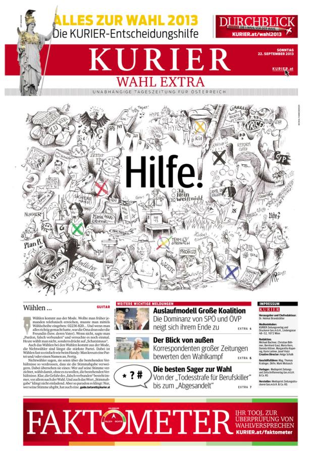 Eine Karikatur zum Thema Wahlen in Österreich, mit dem Titel „Hilfe!“.