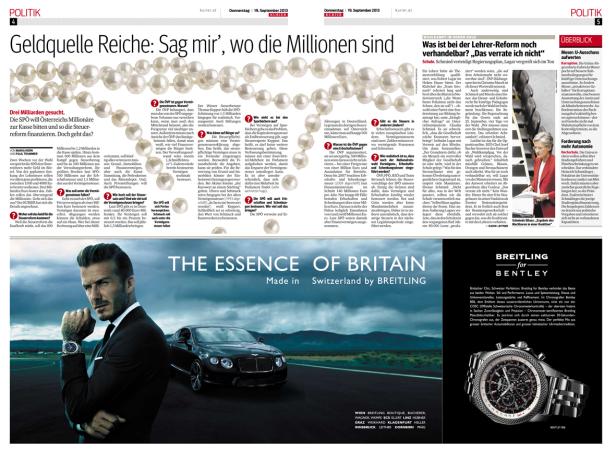 Eine Zeitungsseite mit Artikeln über Finanzen und Bildung, sowie Werbung für Breitling und Bentley.