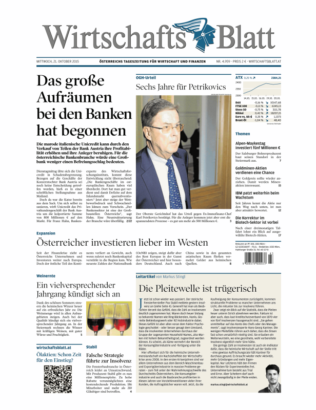 Titelseite des Wirtschaftsblatt vom 21. Oktober 2015.