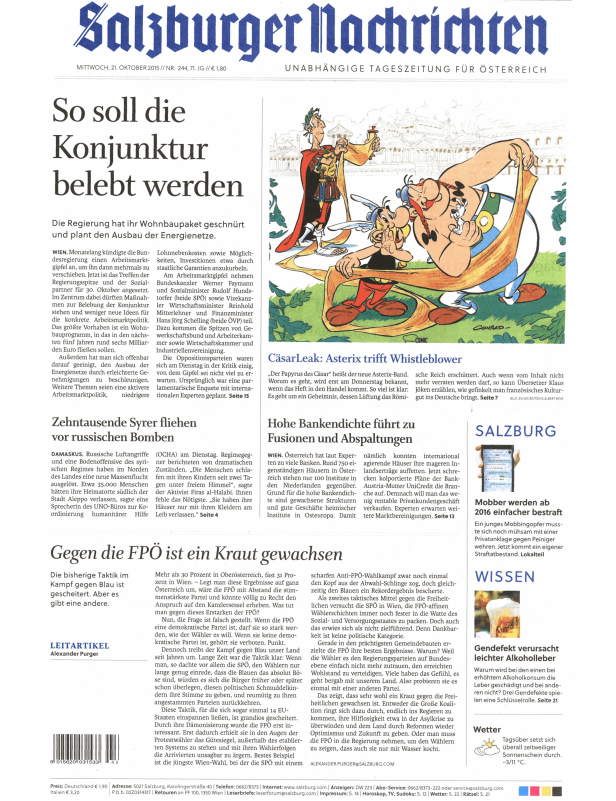 Eine Karikatur von Asterix und Obelix mit Cäsar auf der Titelseite der „Salzburger Nachrichten“.