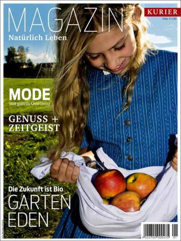 … Ein junges Mädchen im Dirndl hält einen Beutel mit Äpfeln.