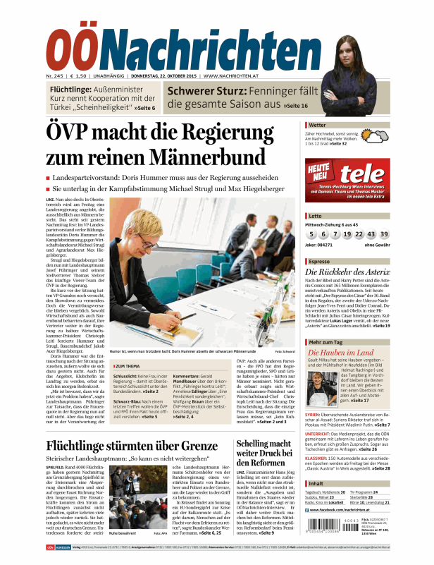 Titelseite der OÖNachrichten vom 22. Oktober 2015.