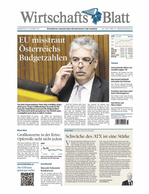 Titelseite des Wirtschaftsblatt vom 22. Oktober 2015 mit einem Artikel über Österreichs Budgetzahlen.
