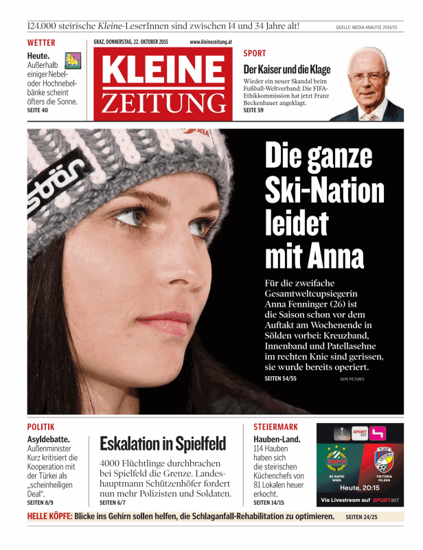 Anna Fenninger, die österreichische Skirennläuferin, auf der Titelseite der Kleinen Zeitung.