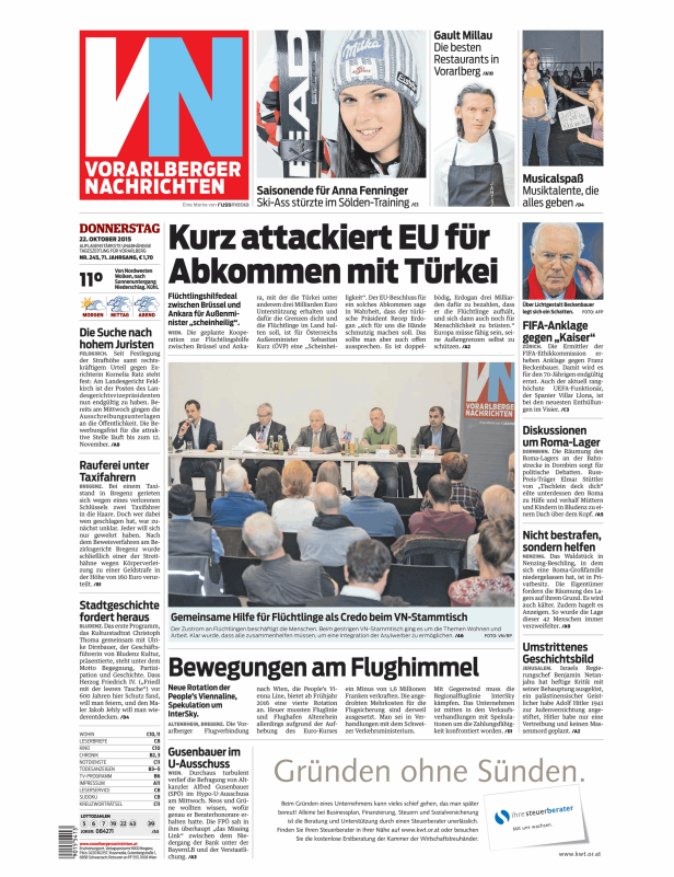 Titelseite der Vorarlberger Nachrichten vom 22. Oktober 2015.