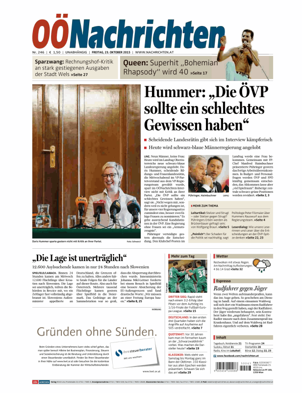 Titelseite der OÖNachrichten vom 23. Oktober 2015.