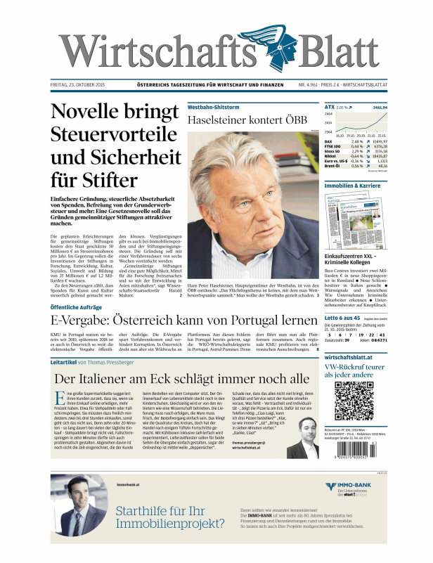 Titelseite des Wirtschaftsblatt vom 23. Oktober 2015.
