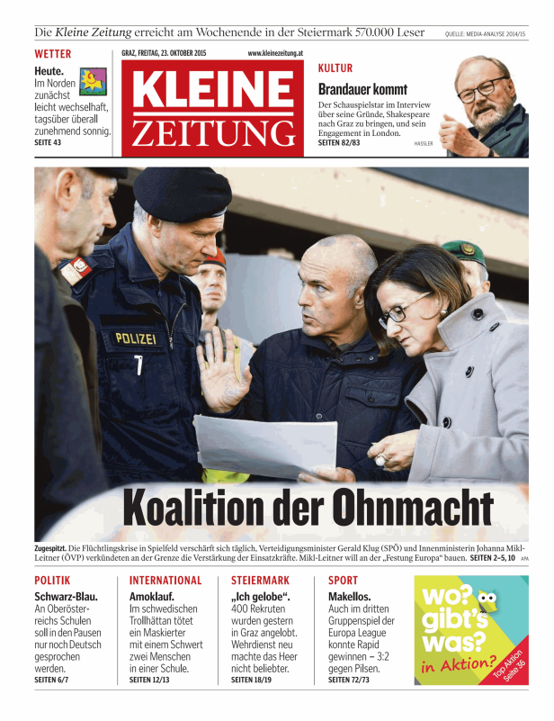 Titelseite der Kleinen Zeitung vom 23. Oktober 2015 mit einem Artikel über die Flüchtlingskrise.