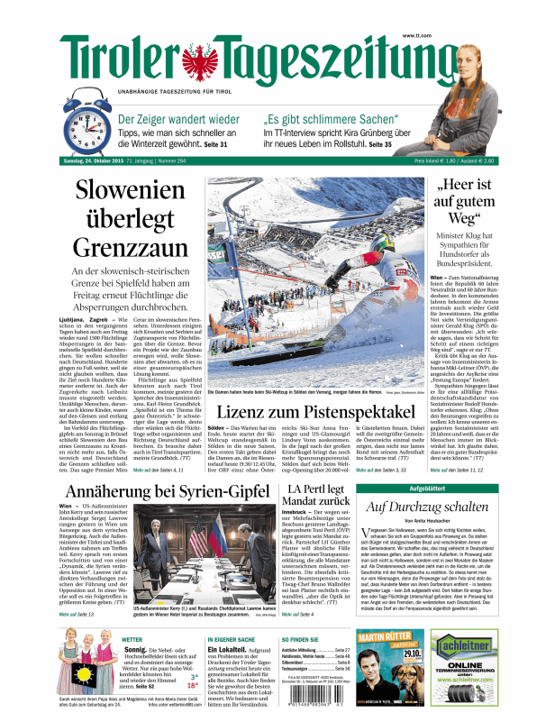 Titelseite der Tiroler Tageszeitung vom 24. Oktober 2015.