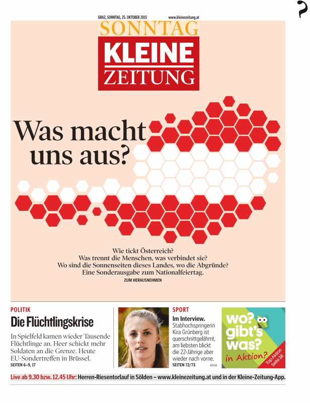 Titelseite der „Kleinen Zeitung“ vom 25. Oktober 2015 mit der Frage „Was macht uns aus?“.
