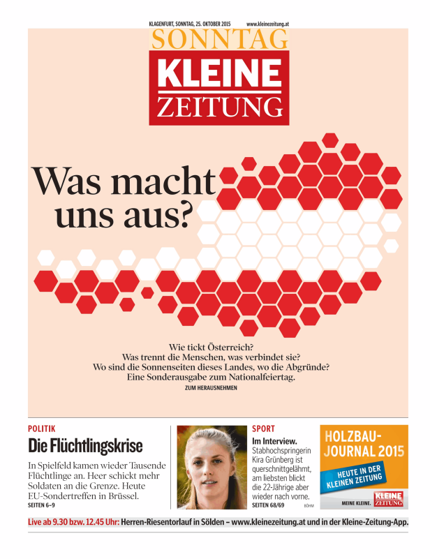 Titelseite der Kleinen Zeitung vom 25. Oktober 2015 mit dem Titel „Was macht uns aus?“.