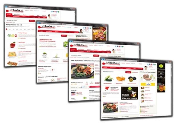 Mehrere Screenshots der Website ichkoche.at, einer Rezept- und Kochseite.