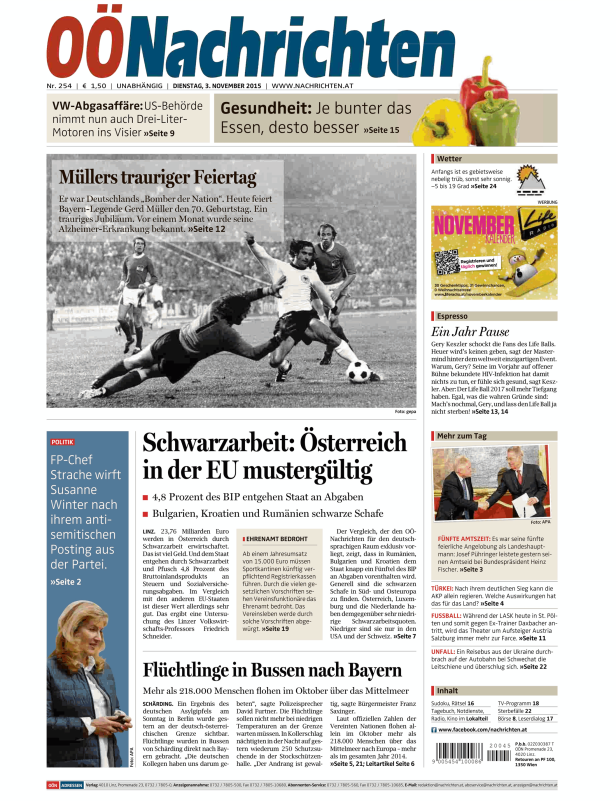 Titelseite der OÖNachrichten vom 3. November 2015 mit Nachrichten zu VW, Gerd Müller und Schwarzarbeit.