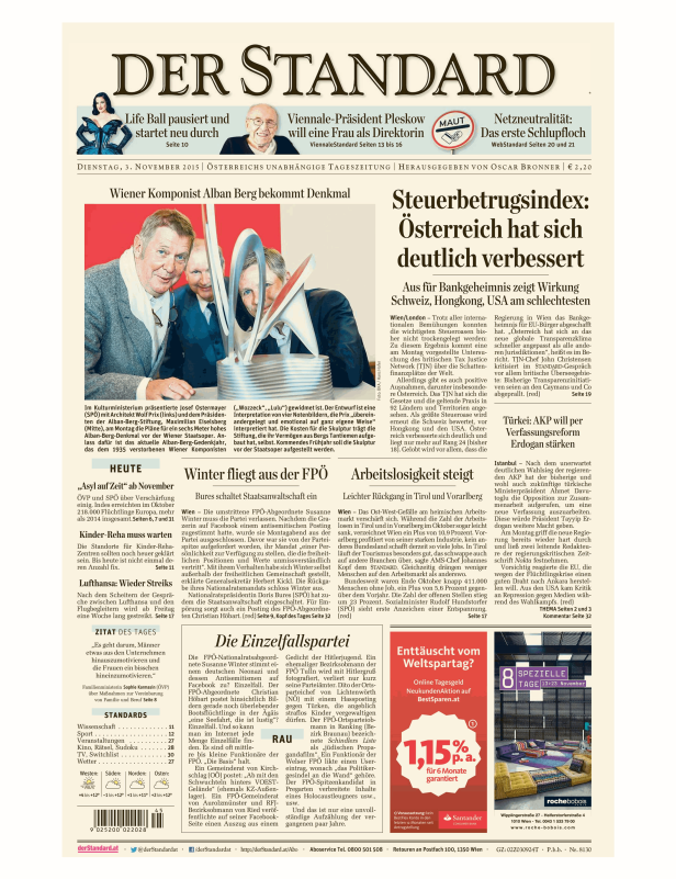 Titelseite des „Der Standard“ vom 3. November 2015 mit Artikeln zu verschiedenen Themen.
