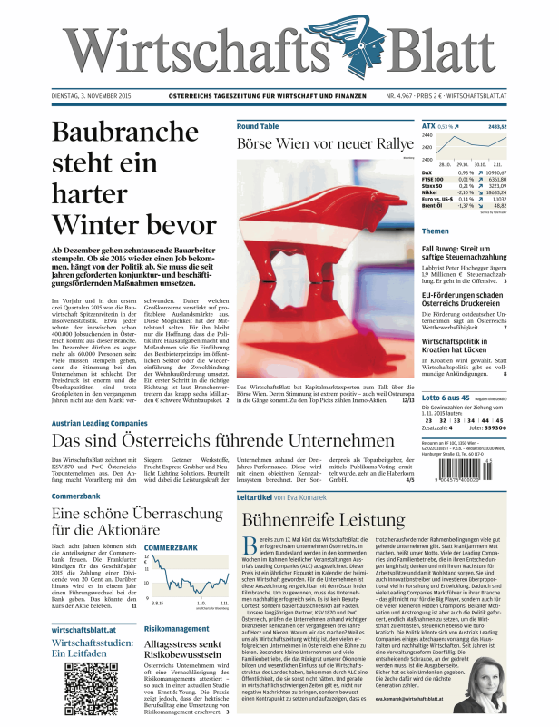 Titelseite des WirtschaftsBlatt vom 3. November 2015.