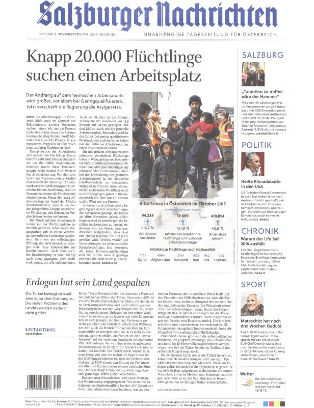 Titelseite der Salzburger Nachrichten vom 3. November 2015 mit der Schlagzeile über 20.000 Flüchtlinge, die Arbeit suchen.
