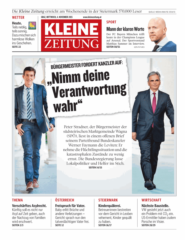 Titelseite der Kleinen Zeitung vom 4. November 2015 mit Artikeln zu Politik, Sport und Wirtschaft.