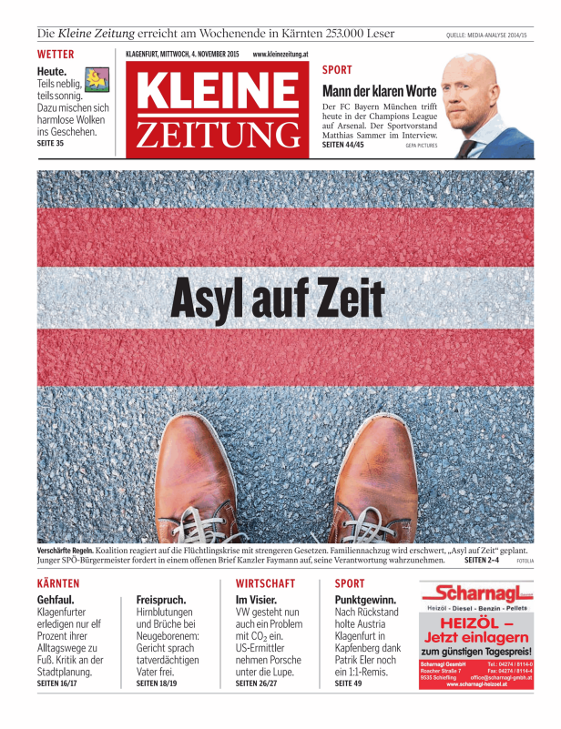 Titelseite der Kleinen Zeitung vom 4. November 2015 mit dem Titel „Asyl auf Zeit“.