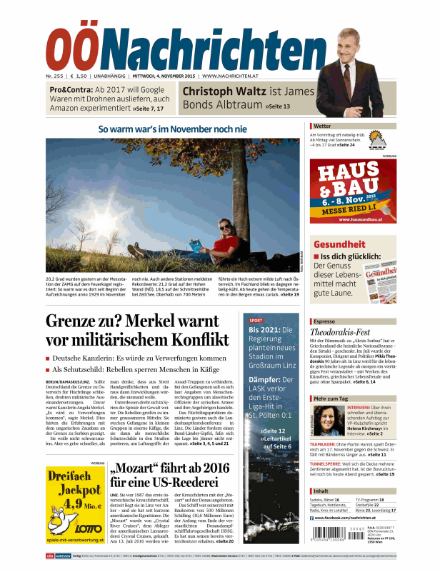 Titelseite der OÖNachrichten vom 4. November 2015.