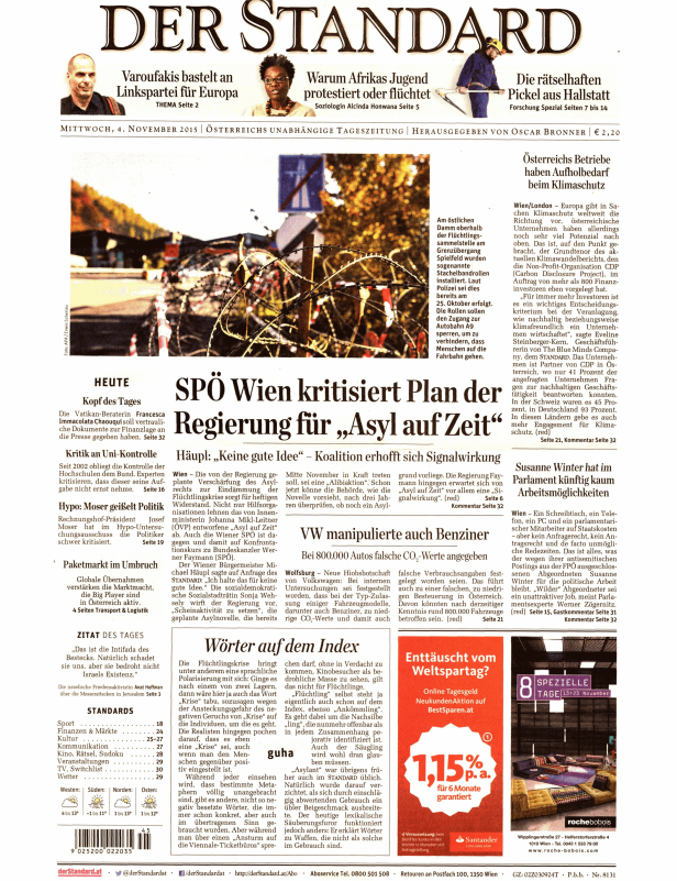 Eine Titelseite der österreichischen Zeitung „Der Standard“ vom 4. November 2015.