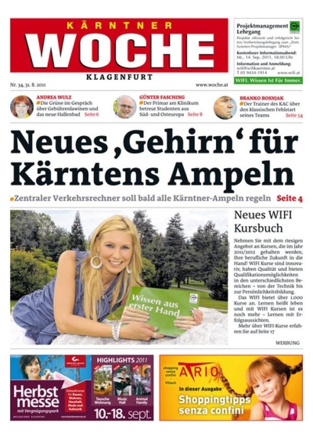Titelseite der „Kärntner Woche“ mit einer Frau, die ein Buch mit dem Titel „Wissen aus erster Hand“ hält.