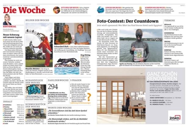 Titelseite der Zeitung „Die Woche“ mit verschiedenen Artikeln und Bildern.
