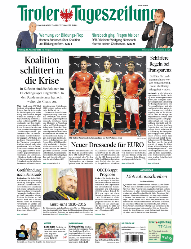 Titelseite der Tiroler Tageszeitung vom 10. November 2015.