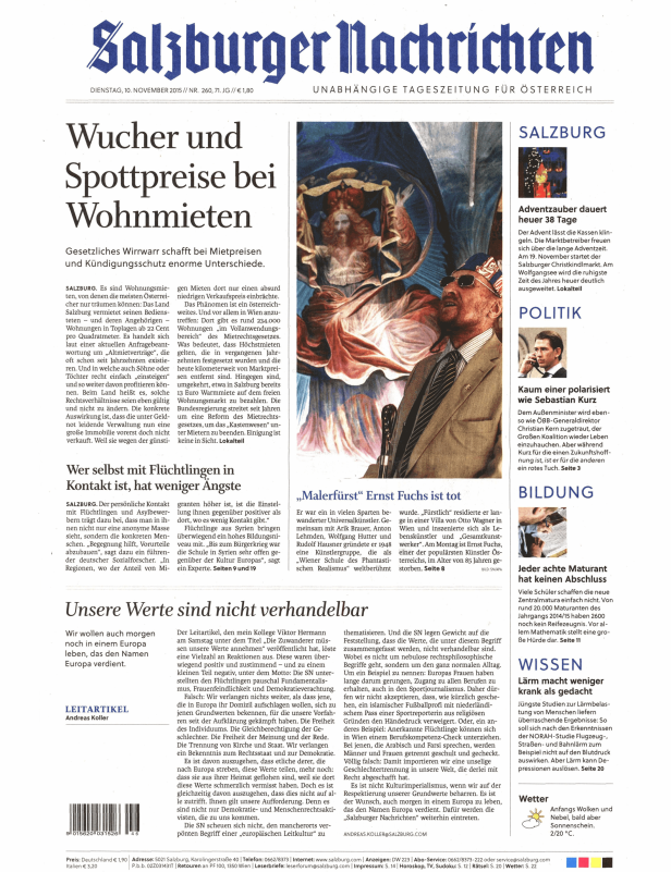 Titelseite der Salzburger Nachrichten vom 10. November 2015.