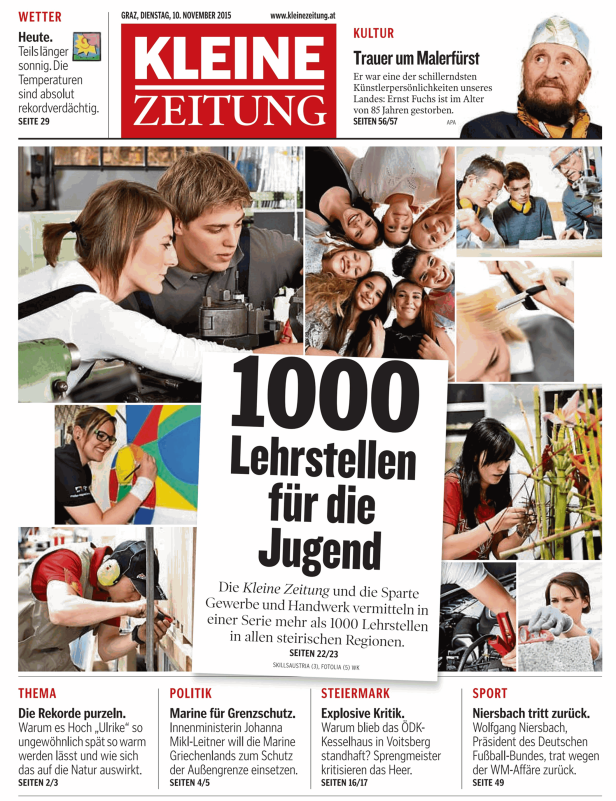 Die Titelseite der Kleinen Zeitung vom 10. November 2015 mit dem Thema „1000 Lehrstellen für die Jugend“.