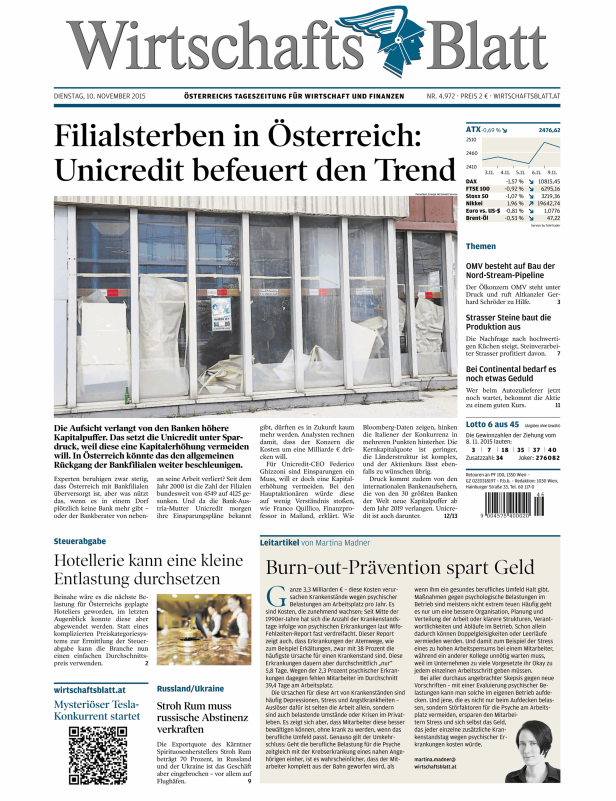 Titelseite des Wirtschaftsblatt vom 10. November 2015.