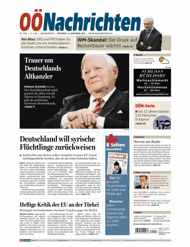 Titelseite der OÖ Nachrichten vom 11. November 2015 mit dem Titel „Trauer um Deutschlands Altkanzler“.