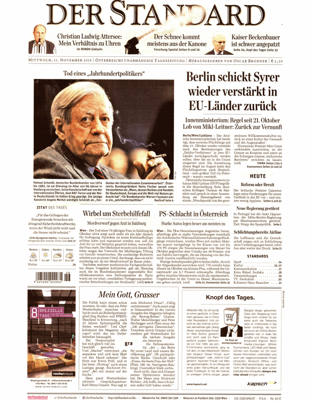 Titelseite der österreichischen Tageszeitung „Der Standard“ vom 11. November 2015.