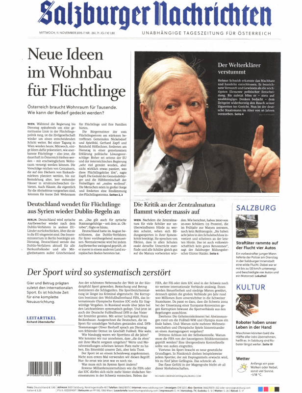 Titelseite der Salzburger Nachrichten vom 11. November 2015.