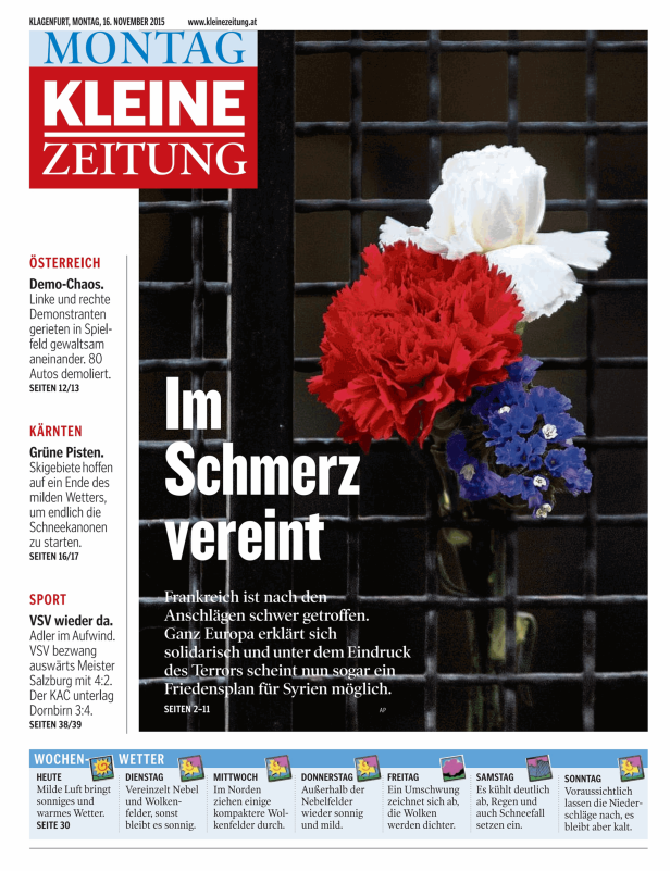Titelseite der Kleinen Zeitung vom 16. November 2015 mit Blumen vor einem Fenstergitter.