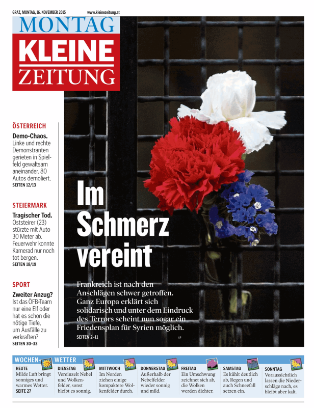 Die Titelseite der Kleinen Zeitung vom 16. November 2015 mit Blumen vor einem Fenstergitter.