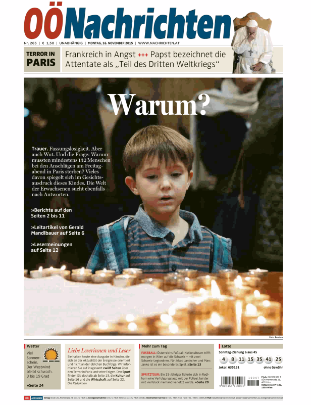 Titelseite der OÖ Nachrichten vom 16. November 2015 mit einem Foto eines traurigen Jungen vor Kerzen.