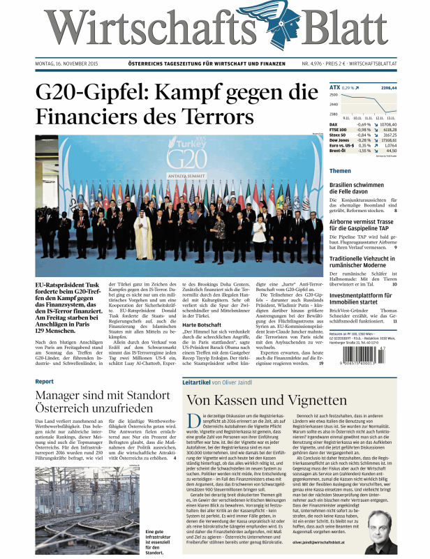 Titelseite des WirtschaftsBlatt vom 16. November 2015 mit dem Titel „G20-Gipfel: Kampf gegen die Financiers des Terrors“.