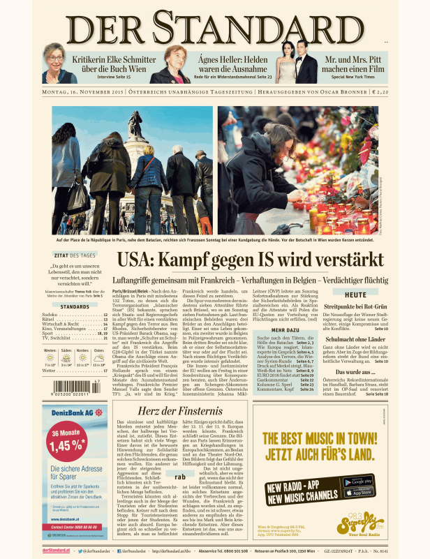 Titelseite der Zeitung „Der Standard“ vom 16. November 2015 mit Berichten über die Anschläge in Paris.