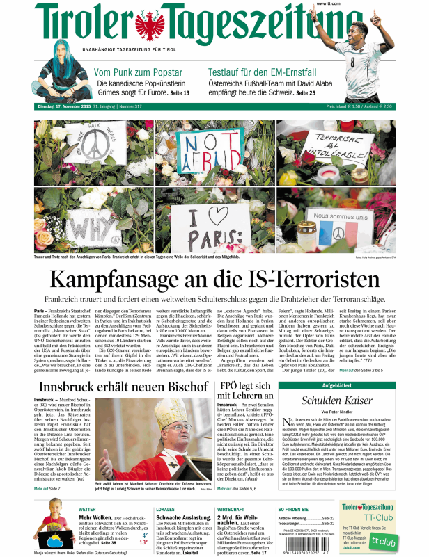 Titelseite der Tiroler Tageszeitung vom 17. November 2015 mit Berichten über die Anschläge in Paris.