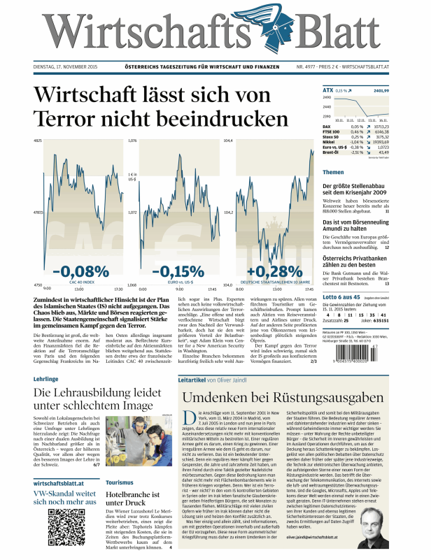 Titelseite des „Wirtschaftsblatt“ vom 17. November 2015 mit der Schlagzeile: „Wirtschaft lässt sich von Terror nicht beeindrucken.“