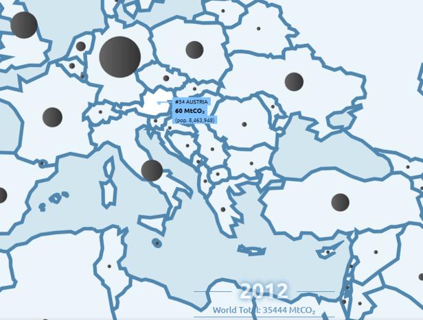 Eine Karte Europas aus dem Jahr 2012, die Österreich mit 60 MtCO₂ hervorhebt.