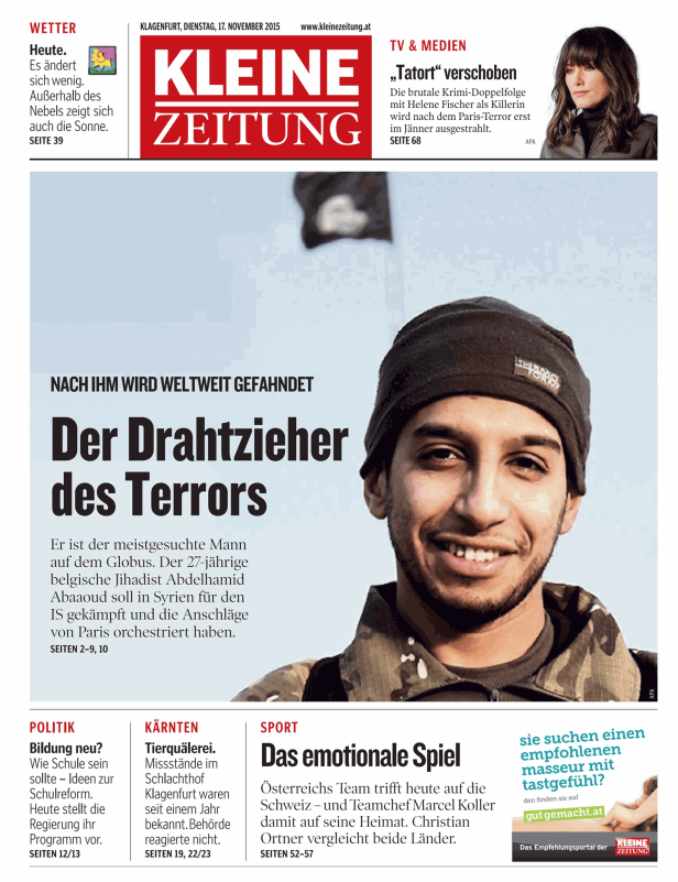 Titelseite der Kleinen Zeitung vom 17. November 2015 mit einem Artikel über Abdelhamid Abaaoud.