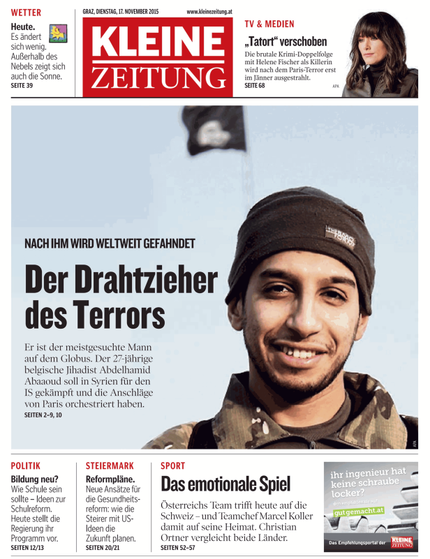 Titelseite der Kleinen Zeitung vom 17. November 2015 mit einem Bild von Abdelhamid Abaaoud.
