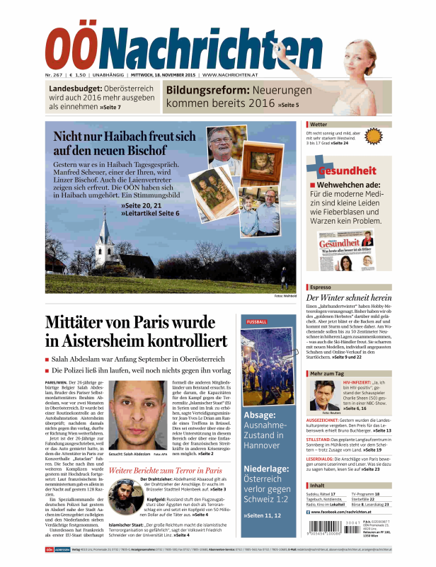 Titelseite der OÖNachrichten vom 18. November 2015.