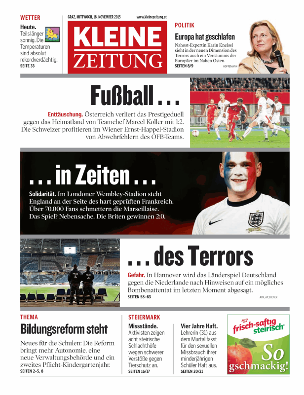 Titelseite der Kleinen Zeitung vom 18. November 2015 mit Artikeln zu Fußball, Terror und Politik.