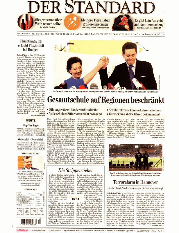 Titelseite der Zeitung „Der Standard“ vom 18. November 2015.