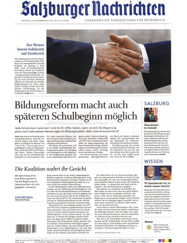 Titelseite der Salzburger Nachrichten vom 18. November 2015.